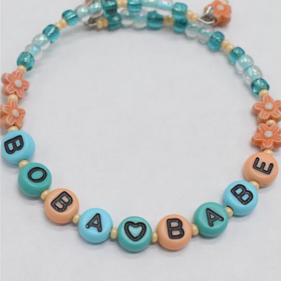 Handmade "Boba Babe" bubble tea memory wire bracelet blue/teal/peach Kawaii gift - Picture 2 of 3